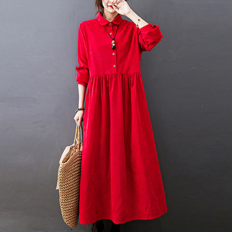 Abito midi in velluto a coste di cotone con maniche lunghe e tasche, motivo Buddha Stones Fall Buttons - Rosso - US8-10, UK/AU12-14, EU40-42 (2XL) - image 9