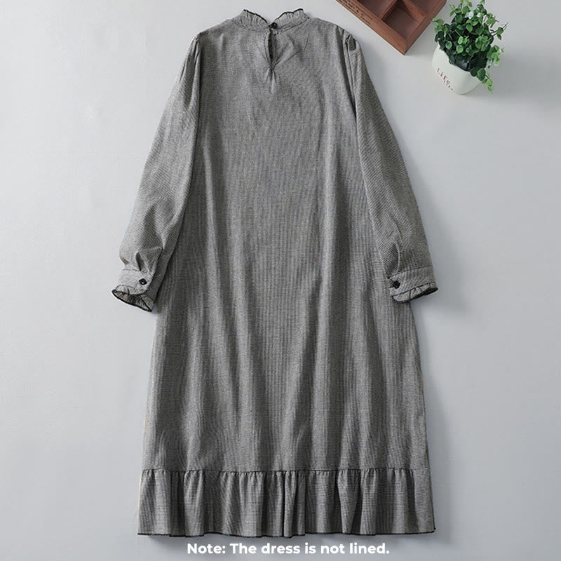 Abito midi in cotone a maniche lunghe con tasche, motivo a quadri con Buddha Stones e design plissettato e volant - image 1