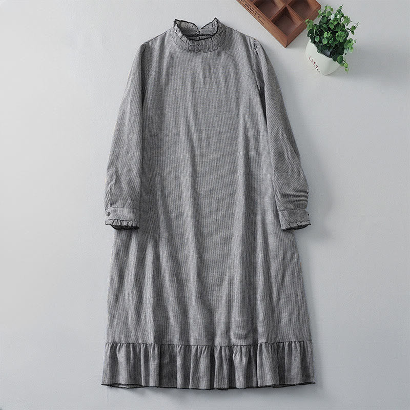 Abito midi in cotone a maniche lunghe con tasche, motivo a quadri con Buddha Stones e design plissettato e volant - Nero - US8-10, UK/AU12-14, EU40-42 (2XL) - image 0