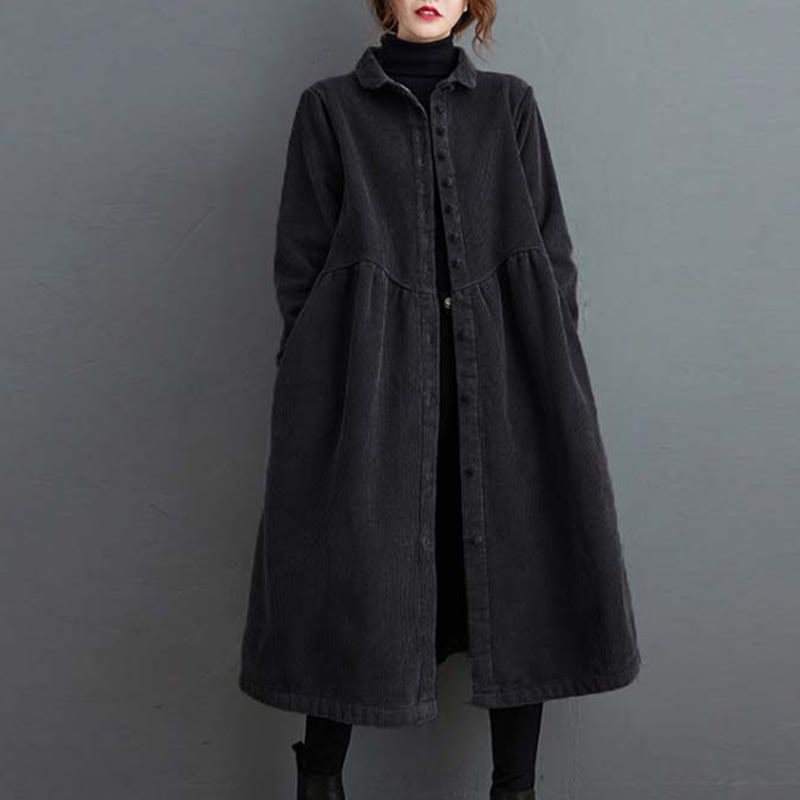 Cappotto da donna in velluto a coste di cotone con fodera in pile, maniche lunghe, bottoni semplici, Buddha Stones, con tasche - Nero - US8-10, UK/AU12-14, EU40-42 (2XL) - image 0