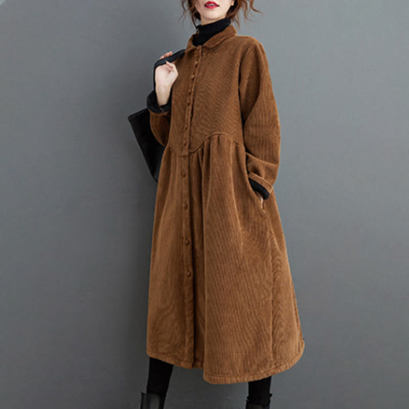 Cappotto da donna in velluto a coste di cotone con fodera in pile, maniche lunghe, bottoni semplici, Buddha Stones, con tasche - image 19