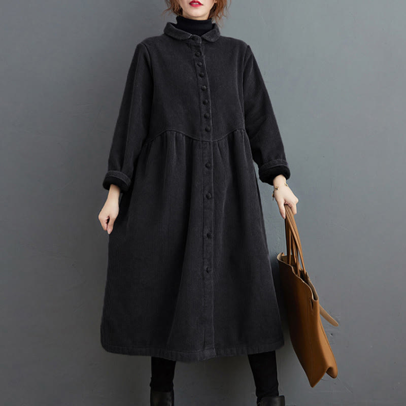 Cappotto da donna in velluto a coste di cotone con fodera in pile, maniche lunghe, bottoni semplici, Buddha Stones, con tasche - image 2