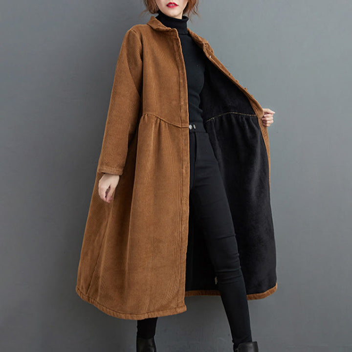 Cappotto da donna in velluto a coste di cotone con fodera in pile, maniche lunghe, bottoni semplici, Buddha Stones, con tasche - image 18