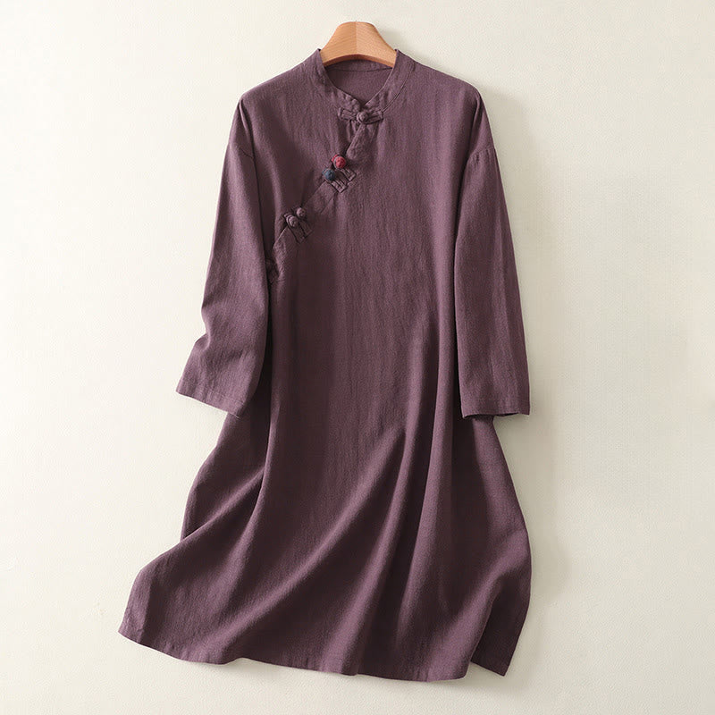 Abito midi in cotone a maniche lunghe con chiusura diagonale a molla con bottoni a rana, motivo Buddha Stones - Magenta scuro - US12, UK/AU16, EU44 (2XL) - image 1