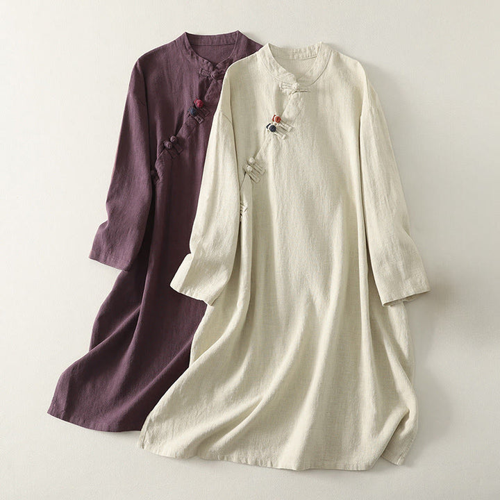 Abito midi in cotone a maniche lunghe con chiusura diagonale a molla con bottoni a rana, motivo Buddha Stones - image 0