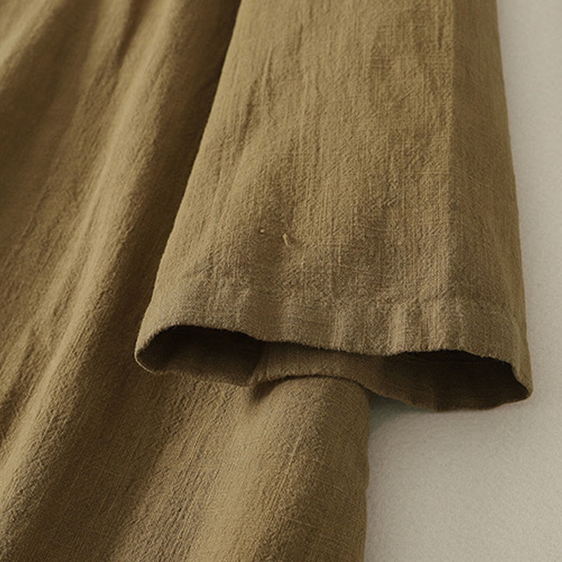 Abito midi in cotone e lino a maniche lunghe con bottoni a rana vintage Buddha Stones, design asimmetrico - image 3