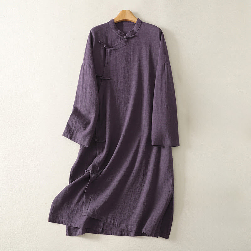 Abito midi in cotone e lino a maniche lunghe con bottoni a rana vintage Buddha Stones, design asimmetrico - Viola - US12, UK/AU16, EU44 (2XL) - image 6