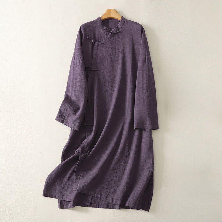 Abito midi in cotone e lino a maniche lunghe con bottoni a rana vintage Buddha Stones, design asimmetrico - Viola - US12, UK/AU16, EU44 (2XL) - image 6