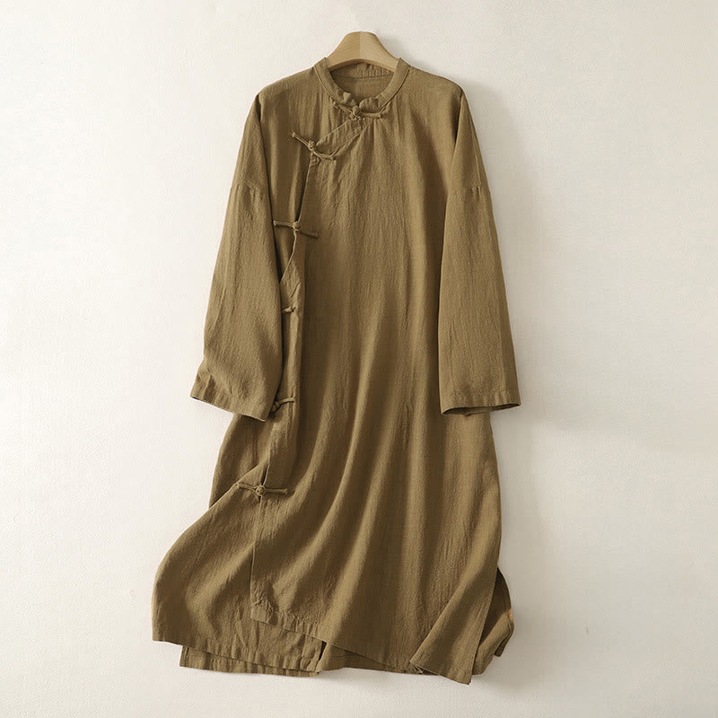 Abito midi in cotone e lino a maniche lunghe con bottoni a rana vintage Buddha Stones, design asimmetrico - DarkGoldenrod - US12, UK/AU16, EU44 (2XL) - image 1