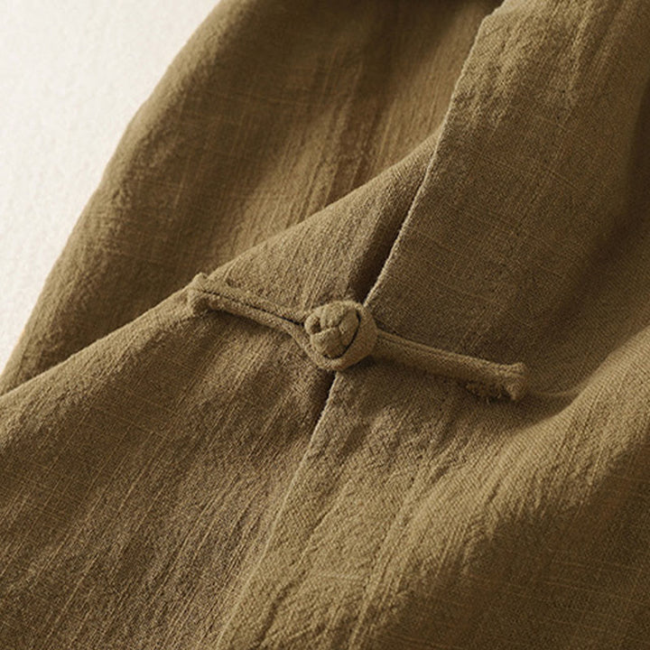 Abito midi in cotone e lino a maniche lunghe con bottoni a rana vintage Buddha Stones, design asimmetrico - image 4