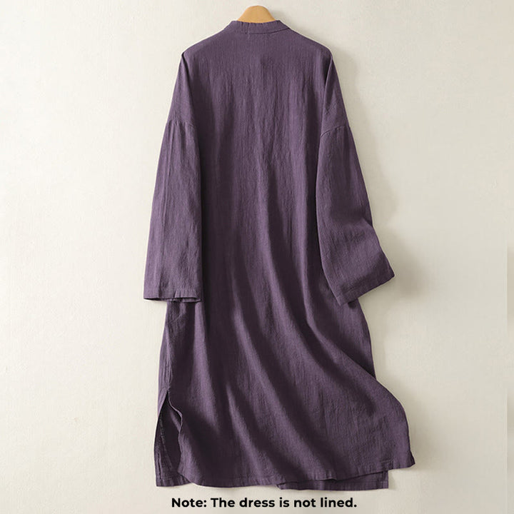 Abito midi in cotone e lino a maniche lunghe con bottoni a rana vintage Buddha Stones, design asimmetrico - image 7