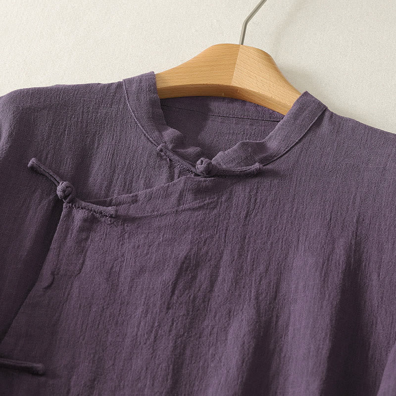 Abito midi in cotone e lino a maniche lunghe con bottoni a rana vintage Buddha Stones, design asimmetrico - image 8