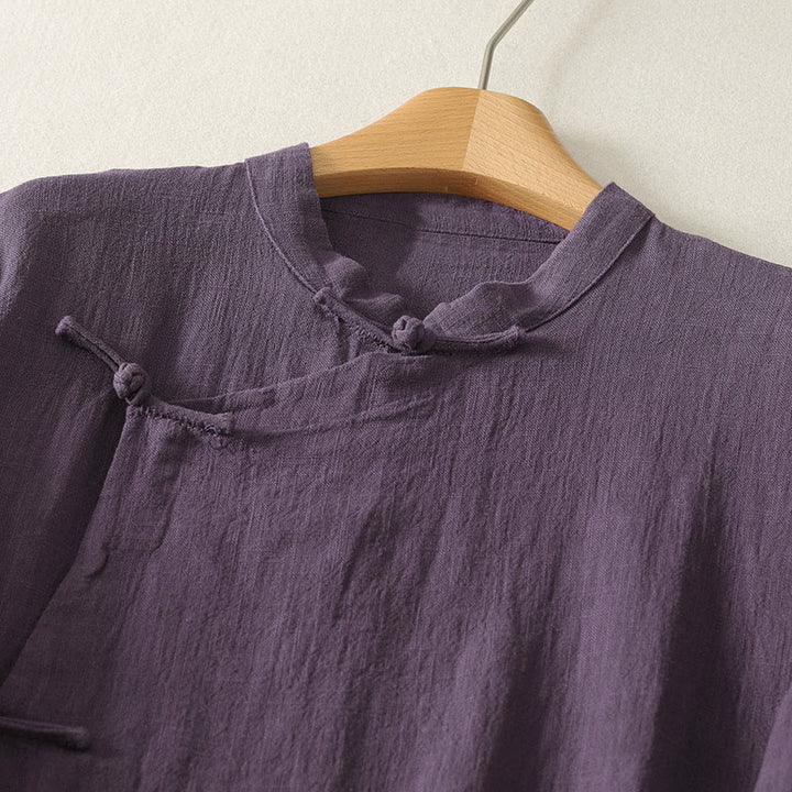 Abito midi in cotone e lino a maniche lunghe con bottoni a rana vintage Buddha Stones, design asimmetrico - image 8