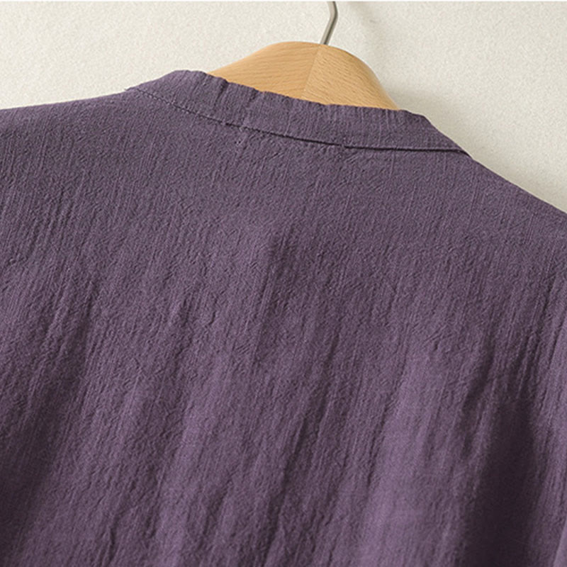 Abito midi in cotone e lino a maniche lunghe con bottoni a rana vintage Buddha Stones, design asimmetrico - image 9