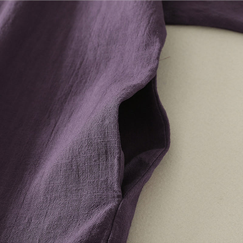 Abito midi in cotone e lino a maniche lunghe con bottoni a rana vintage Buddha Stones, design asimmetrico - image 13