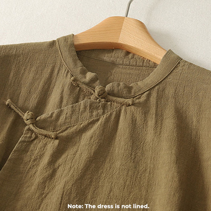 Abito midi in cotone e lino a maniche lunghe con bottoni a rana vintage Buddha Stones, design asimmetrico - image 2