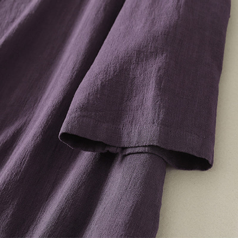 Abito midi in cotone e lino a maniche lunghe con bottoni a rana vintage Buddha Stones, design asimmetrico - image 12