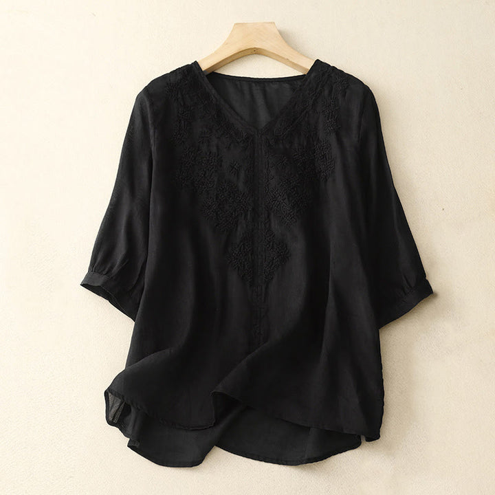Camicia da donna a mezza manica con scollo a V e ricamo di linee con Buddha Stones - Nero - US12, UK/AU16, EU44 (2XL) - image 11
