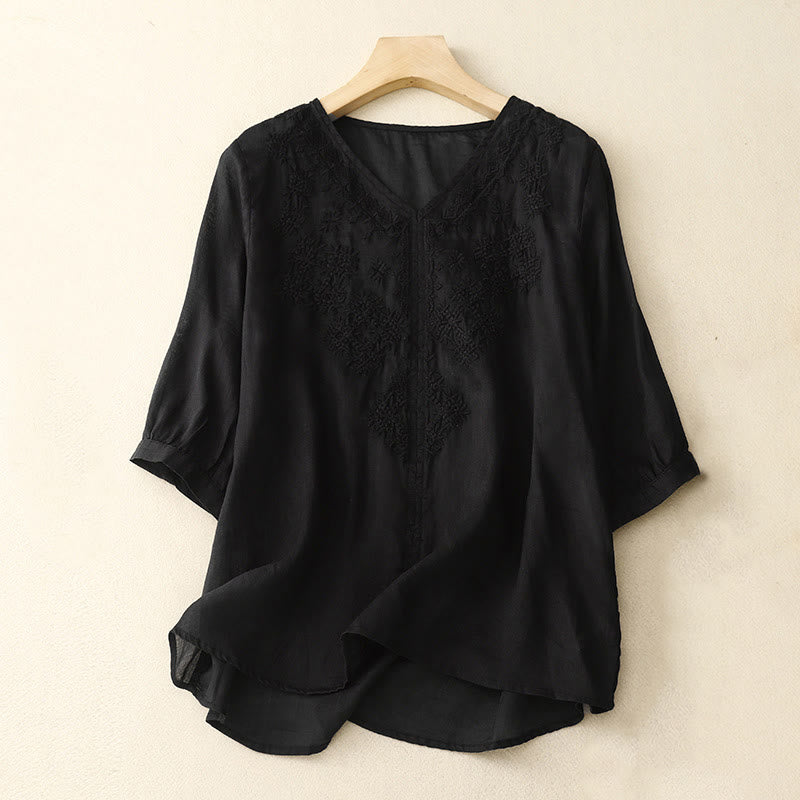 Camicia da donna a mezza manica con scollo a V e ricamo di linee con Buddha Stones - Nero - US12, UK/AU16, EU44 (2XL) - image 12