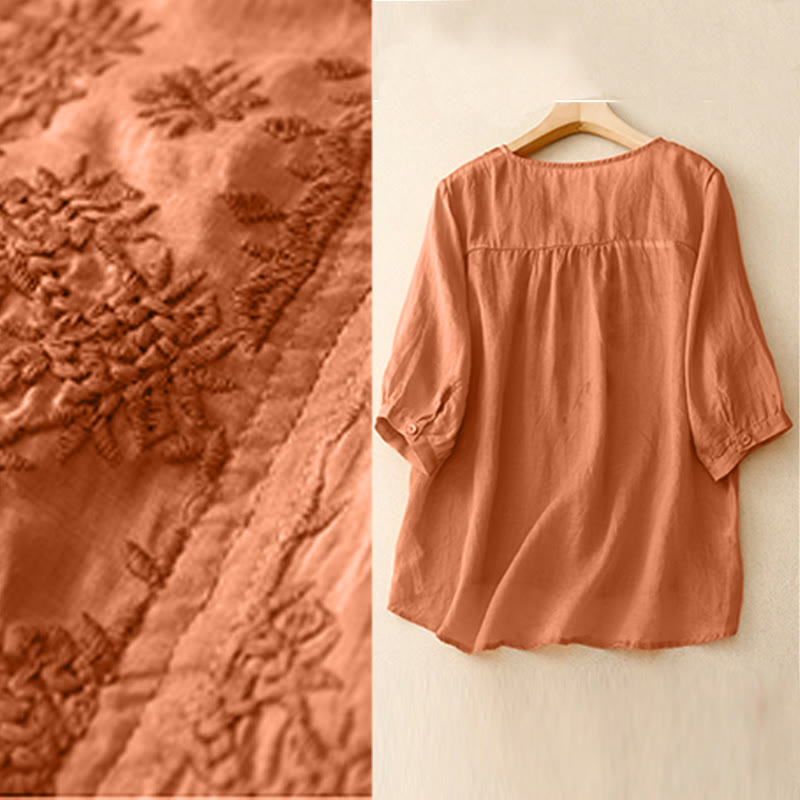 Camicia da donna a mezza manica con scollo a V e ricamo di linee con Buddha Stones - image 10