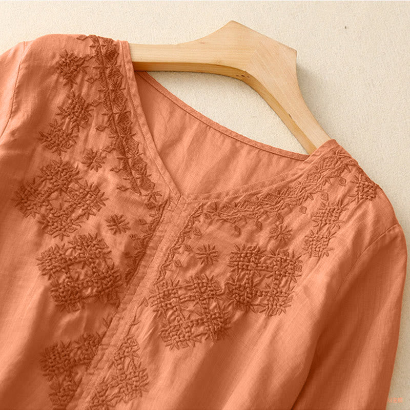 Camicia da donna a mezza manica con scollo a V e ricamo di linee con Buddha Stones - image 10