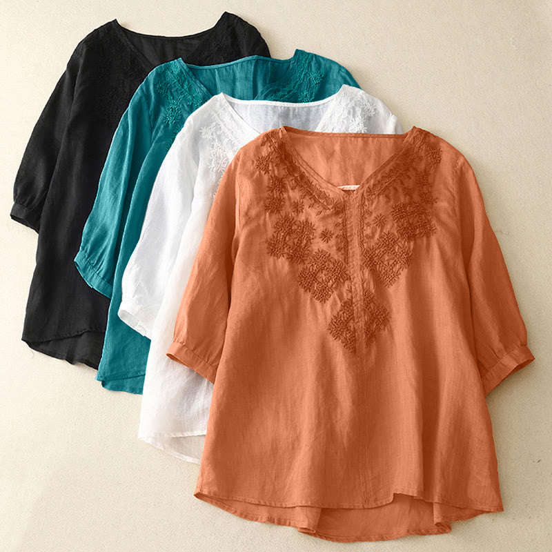 Camicia da donna a maniche corte con scollo a V e ricami a tema Buddha Stones. - image 19