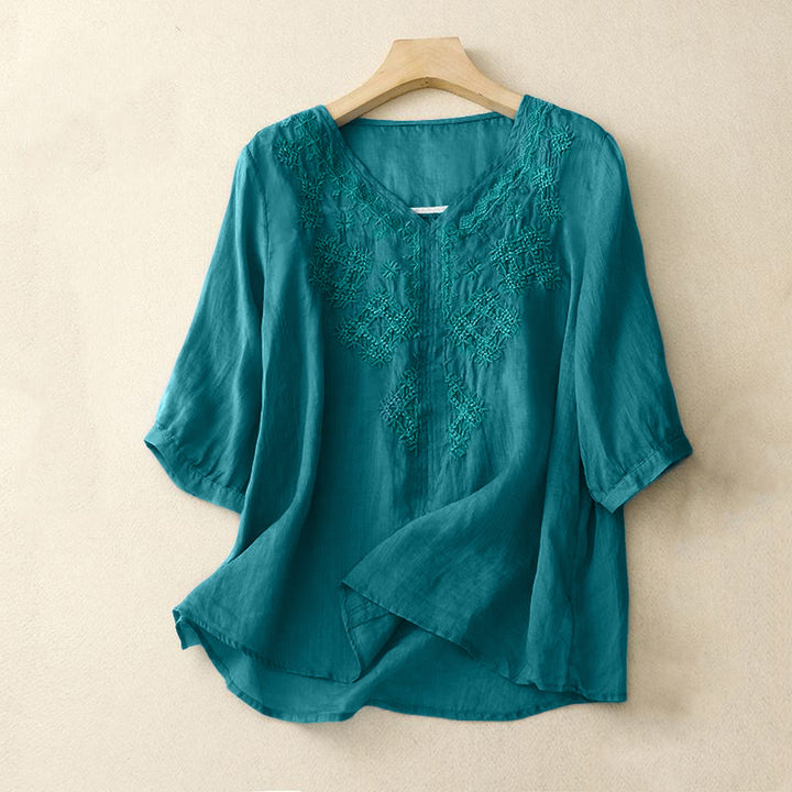 Camicia da donna a mezza manica con scollo a V e ricamo di linee con Buddha Stones - Turchese scuro - US12, UK/AU16, EU44 (2XL) - image 0