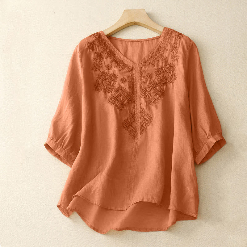 Camicia da donna a mezza manica con scollo a V e ricamo di linee con Buddha Stones - SandyBrown - US12, UK/AU16, EU44 (2XL) - image 6