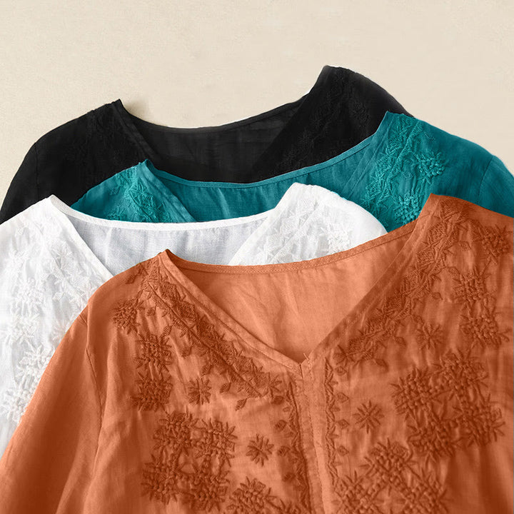 Camicia da donna a mezza manica con scollo a V e ricamo di linee con Buddha Stones - image 21