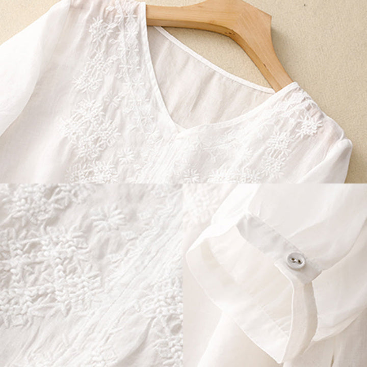 Camicia da donna a mezza manica con scollo a V e ricamo di linee con Buddha Stones - image 17