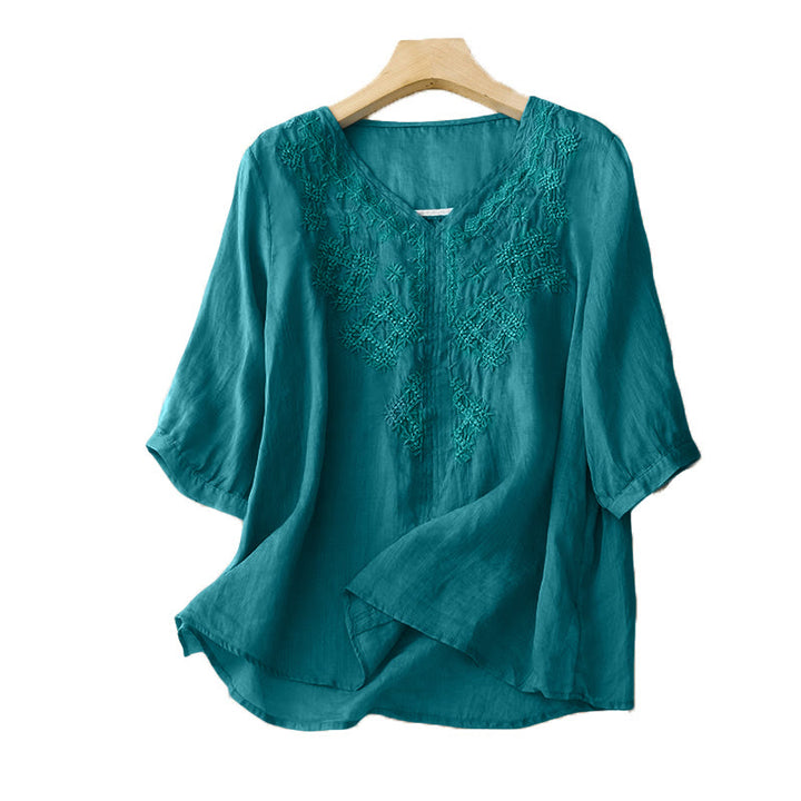 Camicia da donna a mezza manica con scollo a V e ricamo di linee con Buddha Stones - image 5