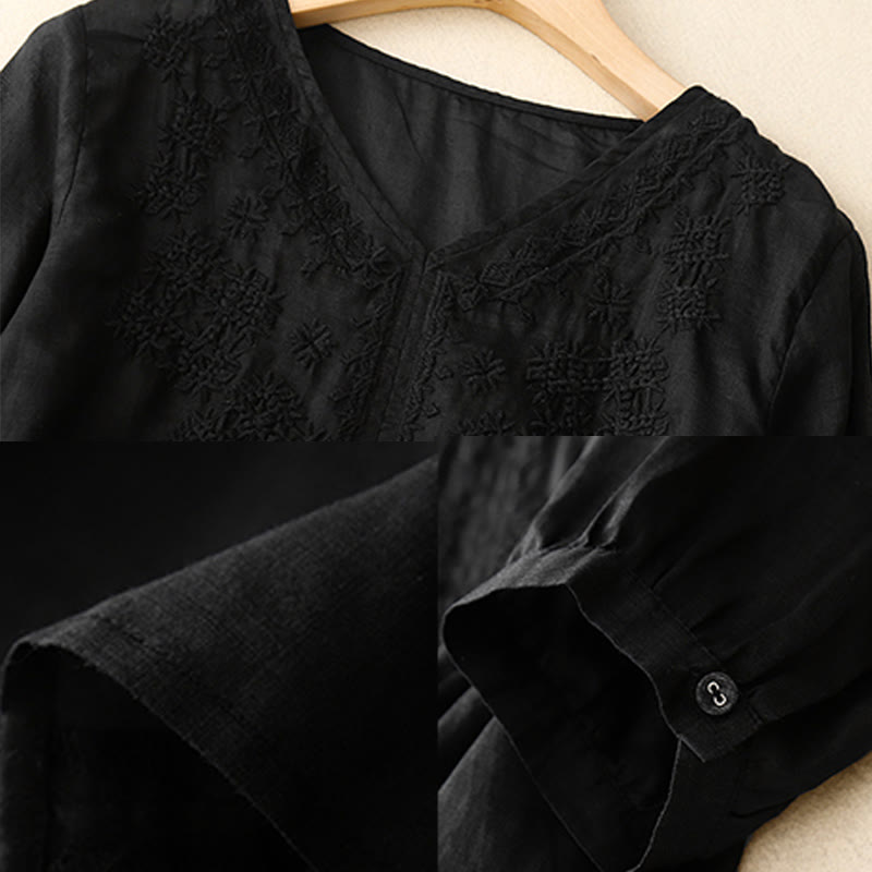 Camicia da donna a mezza manica con scollo a V e ricamo di linee con Buddha Stones - image 13