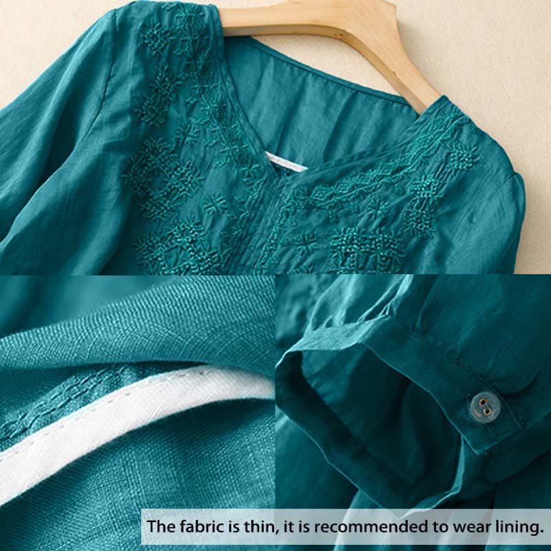 Camicia da donna a mezza manica con scollo a V e ricamo di linee con Buddha Stones - image 1