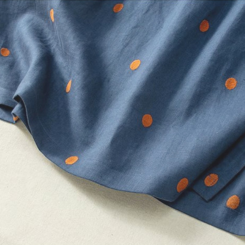 Abito midi da donna in cotone e lino con maniche corte, allacciato, con motivo a pois Buddha Stones, casual e tasche - image 3