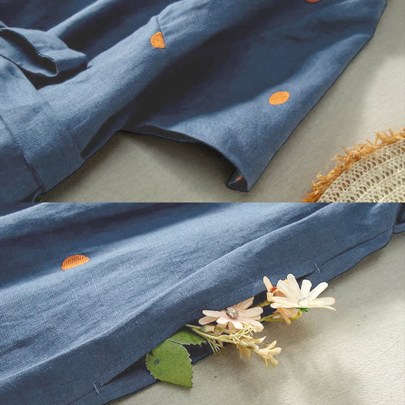 Abito midi da donna in cotone e lino con maniche corte, allacciato, con motivo a pois Buddha Stones, casual e tasche - image 5