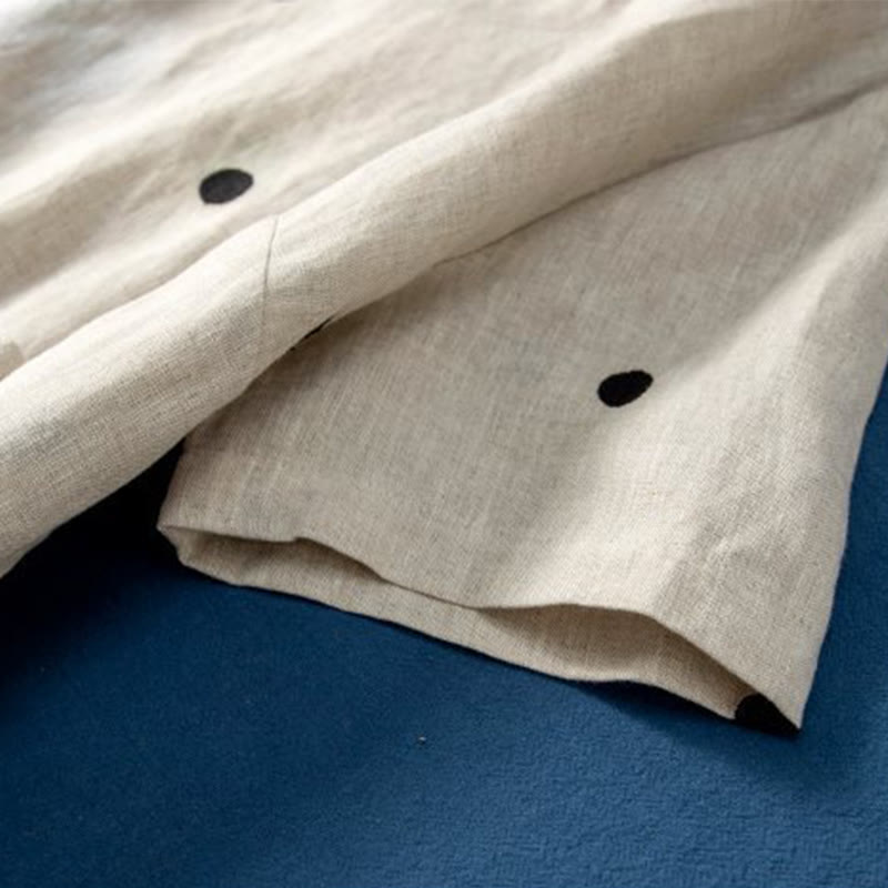 Abito midi da donna in cotone e lino con maniche corte, allacciato, con motivo a pois Buddha Stones, casual e tasche - image 9