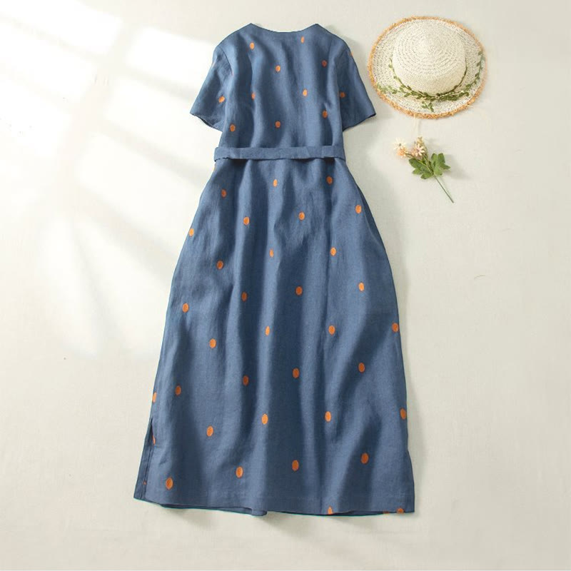 Abito midi da donna in cotone e lino con maniche corte, allacciato, con motivo a pois Buddha Stones, casual e tasche - image 1