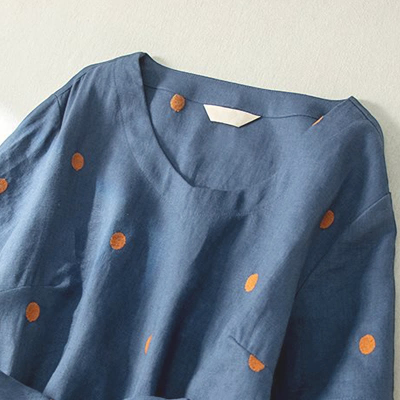 Abito midi da donna in cotone e lino con maniche corte, allacciato, con motivo a pois Buddha Stones, casual e tasche - image 4