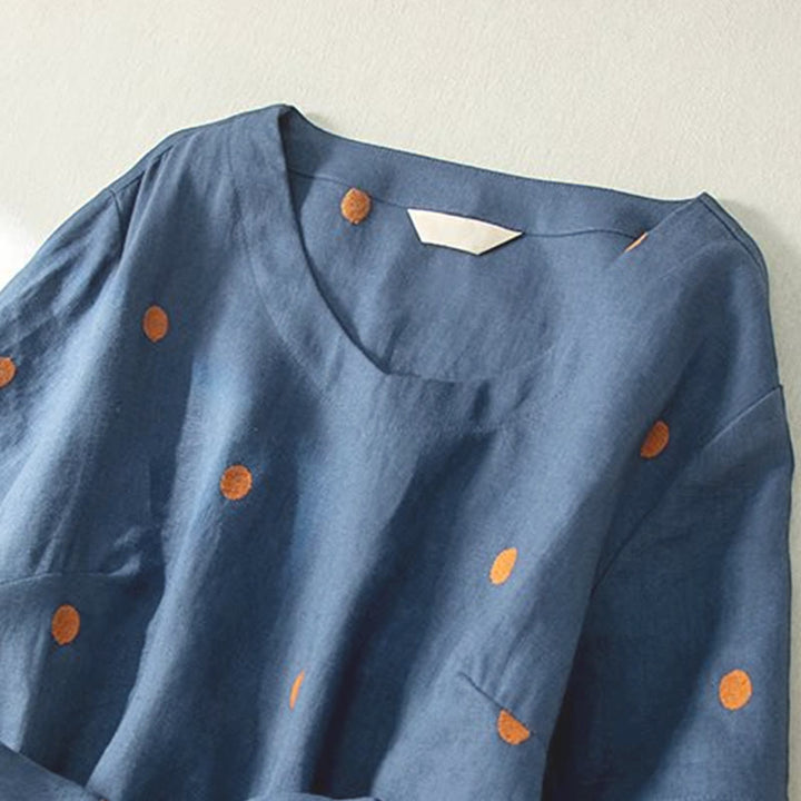 Abito midi da donna in cotone e lino con maniche corte, allacciato, con motivo a pois Buddha Stones, casual e tasche - image 4