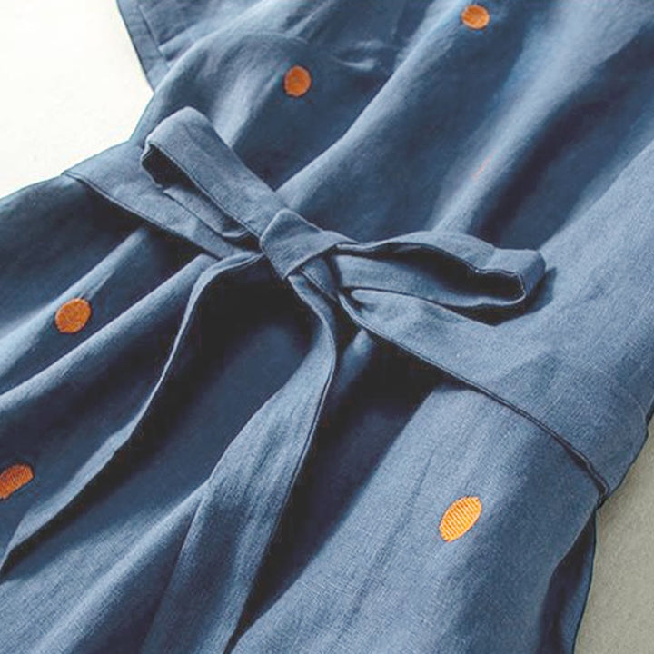 Abito midi da donna in cotone e lino con maniche corte, allacciato, con motivo a pois Buddha Stones, casual e tasche - image 2