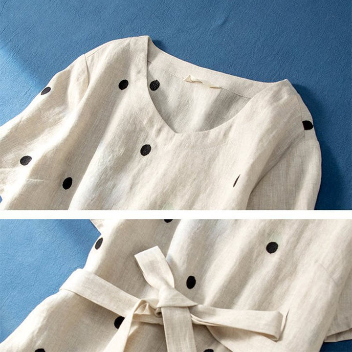 Abito midi da donna in cotone e lino con maniche corte, allacciato, con motivo a pois Buddha Stones, casual e tasche - image 9