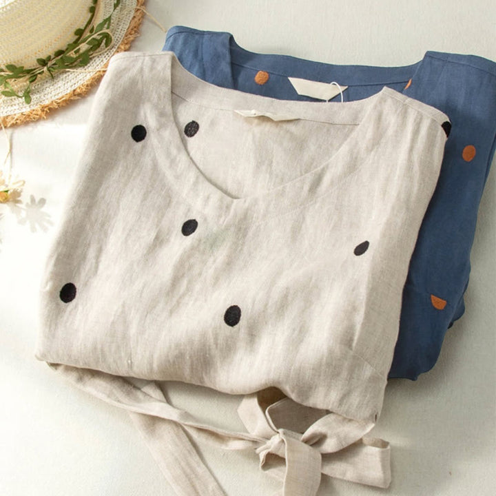 Abito midi da donna in cotone e lino con maniche corte, allacciato, con motivo a pois Buddha Stones, casual e tasche - image 11