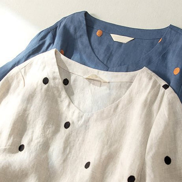 Abito midi da donna in cotone e lino con maniche corte, allacciato, con motivo a pois Buddha Stones, casual e tasche - image 13