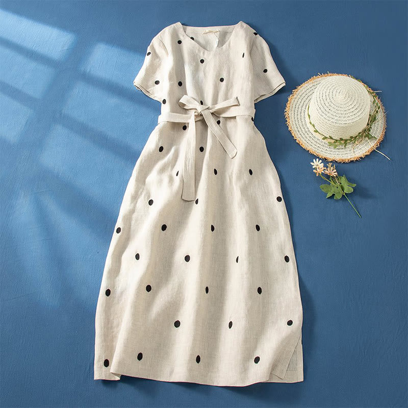 Abito midi da donna in cotone e lino con maniche corte, allacciato, con motivo a pois Buddha Stones, casual e tasche - Beige - US8-10, UK/AU12-14, EU40-42 (2XL) - image 8