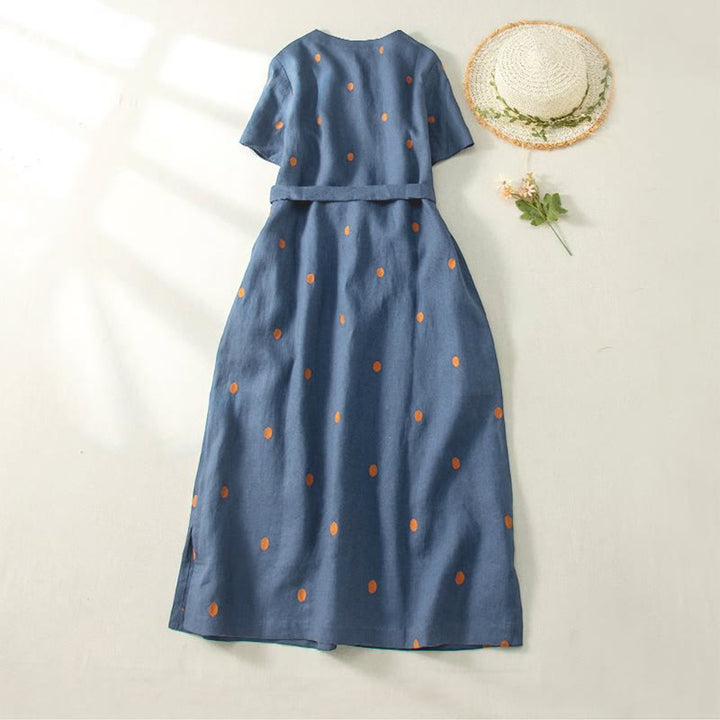 Abito midi da donna in cotone e lino con maniche corte, allacciato, con motivo a pois Buddha Stones, casual e tasche - image 2