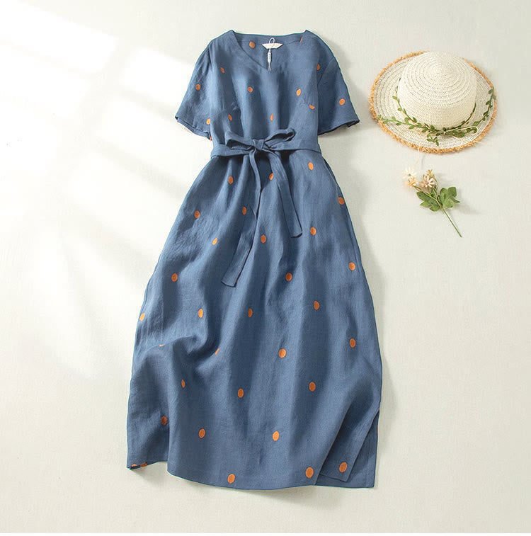 Abito midi da donna in cotone e lino con maniche corte, allacciato, con motivo a pois Buddha Stones, casual e tasche - Blu scuro - US8-10, UK/AU12-14, EU40-42 (2XL) - image 1