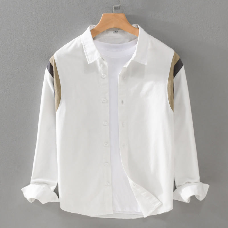 Camicia da uomo in cotone a maniche lunghe con motivo patchwork a contrasto di colore primaverile Buddha Stones - Bianco - US/UK/AU42, EU52 (3XL) - image 0