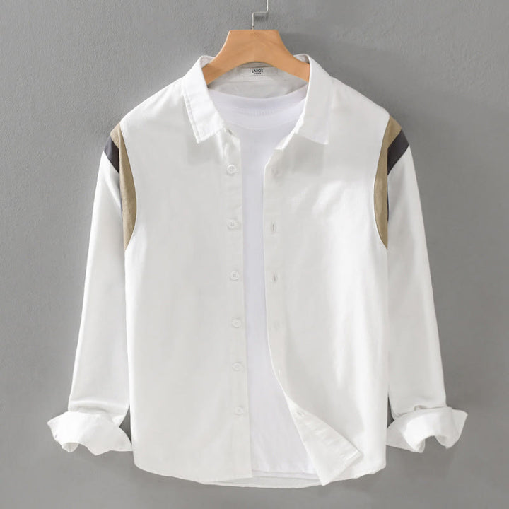 Camicia da uomo in cotone a maniche lunghe con motivo patchwork a contrasto di colore primaverile Buddha Stones - Bianco - US/UK/AU42, EU52 (3XL) - image 0