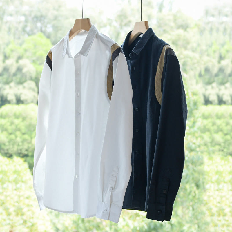 Camicia da uomo in cotone a maniche lunghe con motivo patchwork a contrasto di colore primaverile Buddha Stones - image 15