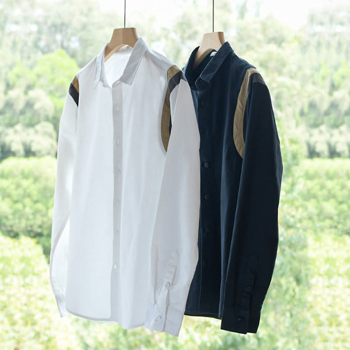 Camicia da uomo in cotone a maniche lunghe con motivo patchwork a contrasto di colore primaverile Buddha Stones - image 15